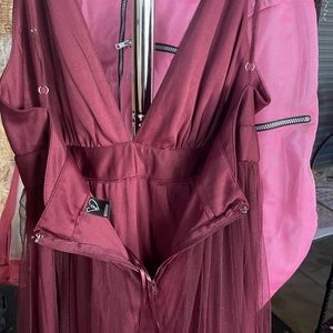 Windsor long maroon dress w slit and mesh, "special occasion" maxi dress